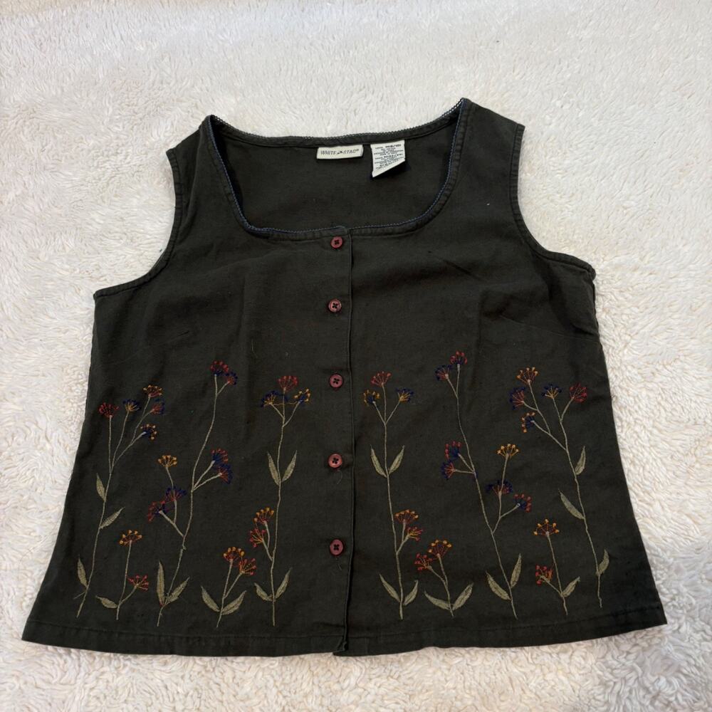White Stag Womens Floral Embroidered Army Green Top M Linen Cotton Tomato Scandi